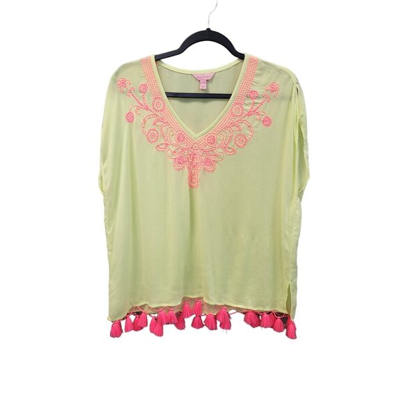 Lilly Pulitzer KathleenYellow Pink  Tunic Women's XXS/XS Tassel Hem Sleeveless T - Picture 1 of 8